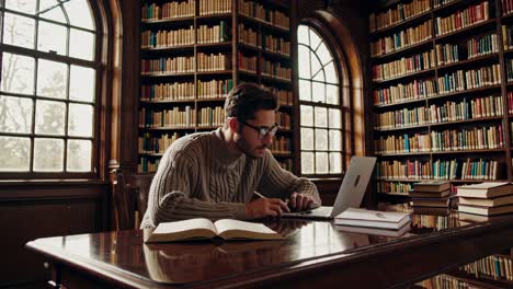 estudiante trabajando en una computadora portátil en una biblioteca