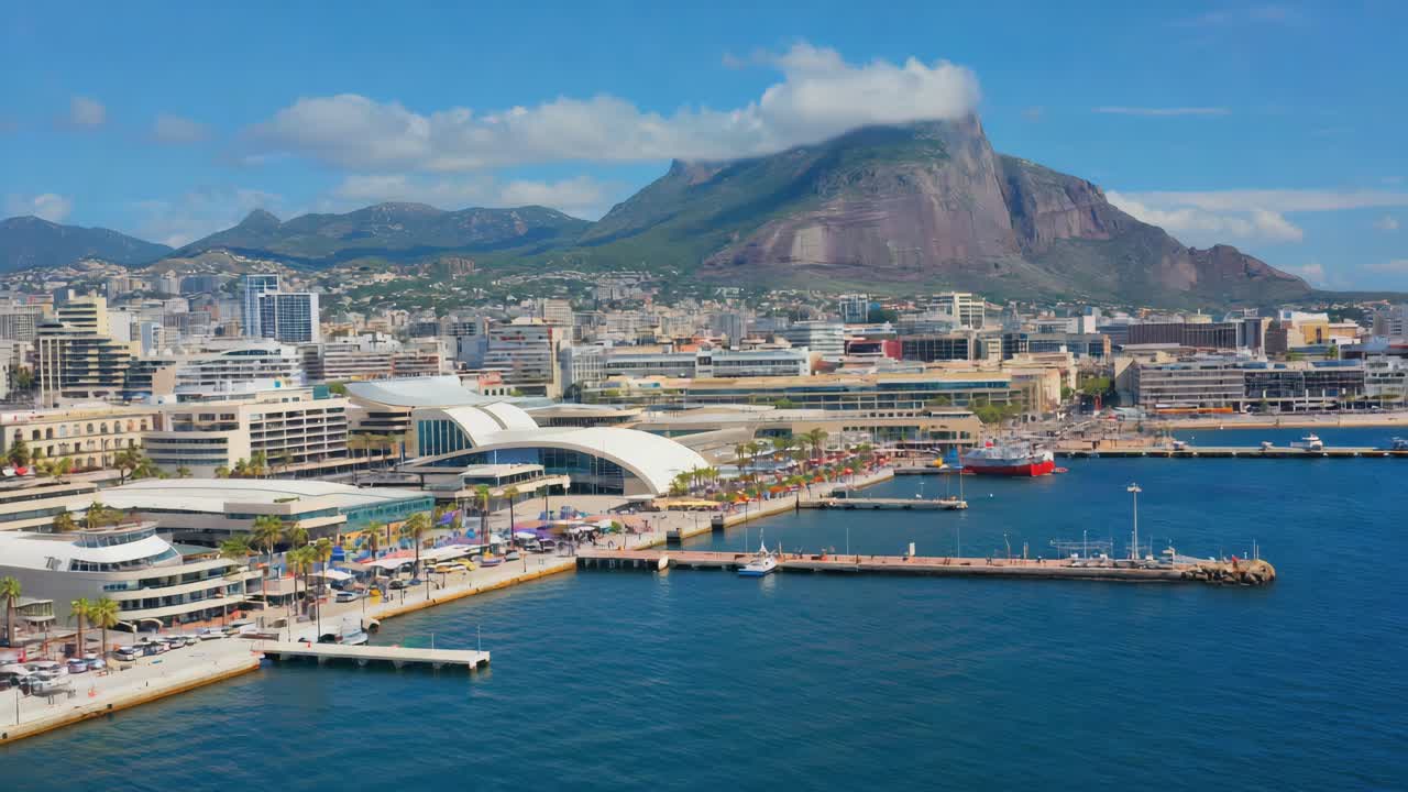 Coastal Cityscape with Harbor and Mountain Backdrop