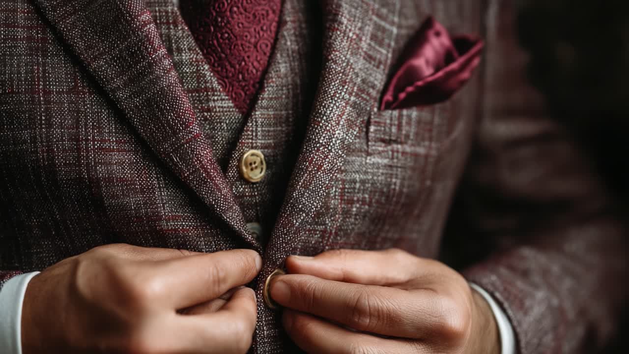 Busana Pria Berpotongan Elegan: Tampilan Dekat Detail Setelan Bergaya dengan Tekstur Kaya, Menampilkan Rompi Pas Badan dan Aksesori dalam Warna-warna Elegan