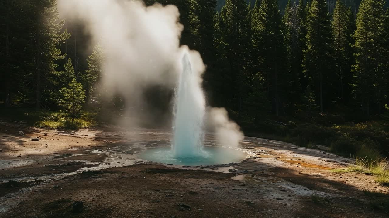 A Picturesque Geyser Erupts Amidst Lush Forest, Creating a Misty Scent and Tranquil Atmosphere in Nature's Scenic Beauty