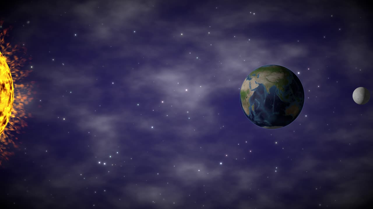 A 3D animation of the moon orbiting Earth while both revolve around the sun