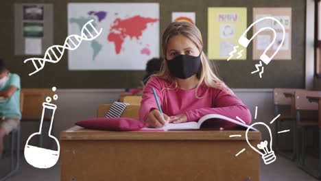 animación de elementos escolares iconos que se mueven sobre los escolares que llevan máscaras faciales