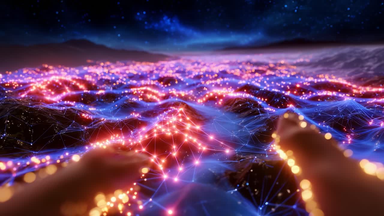 A Captivating Digital Landscape of Light and Connections: Breathtaking Visualization of a Futuristic World filled with Colorful Glowing Nodes and Interwoven Patterns Representing Data and Connectivity