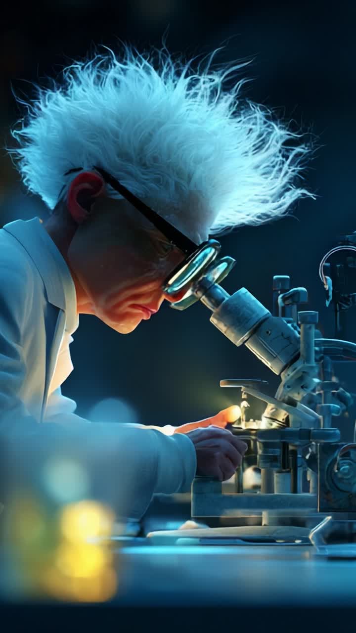 Intricate Laboratory Scene: A Focused Scientist with Distinct Hair Examining Microscopic Samples Under Bright Lights for Advanced Research
