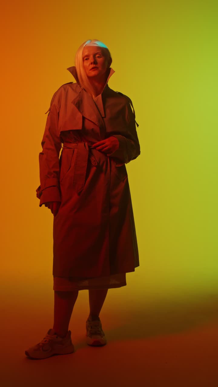 Woman in Trench Coat with Neon Cyberpunk Style