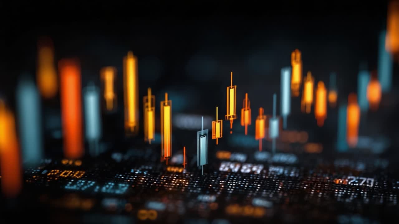 Representação Visual da Dinâmica de Mercado: Análise de Tendências do Mercado de Ações Através de Gráficos de Velas Destacando Movimentos de Preços, Volatilidade e Padrões de Negociação
