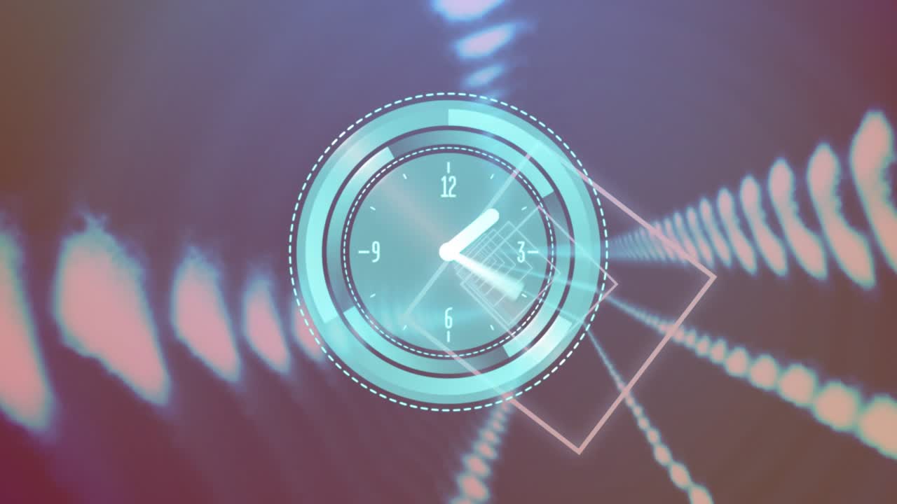 Clock HUD fading in, hands rotating, rings gaining dashes and tunnel nodes pulsing to convey motion