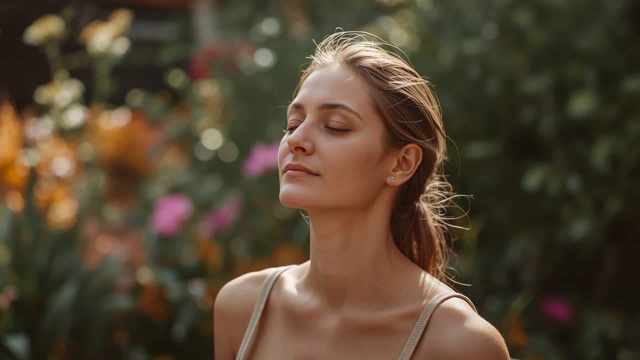 Donna in canotta con coda di cavallo che inclina la testa, chiude gli occhi sentendo il sole mentre una leggera brezza le muove i capelli, fiori.