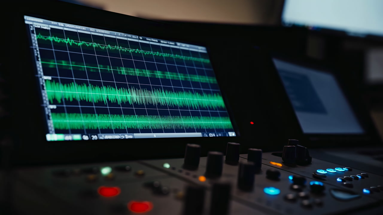 Mixing Console Screen With Green Waveform, Dim Studio Environment With Illuminated Buttons And Rotary Knobs,