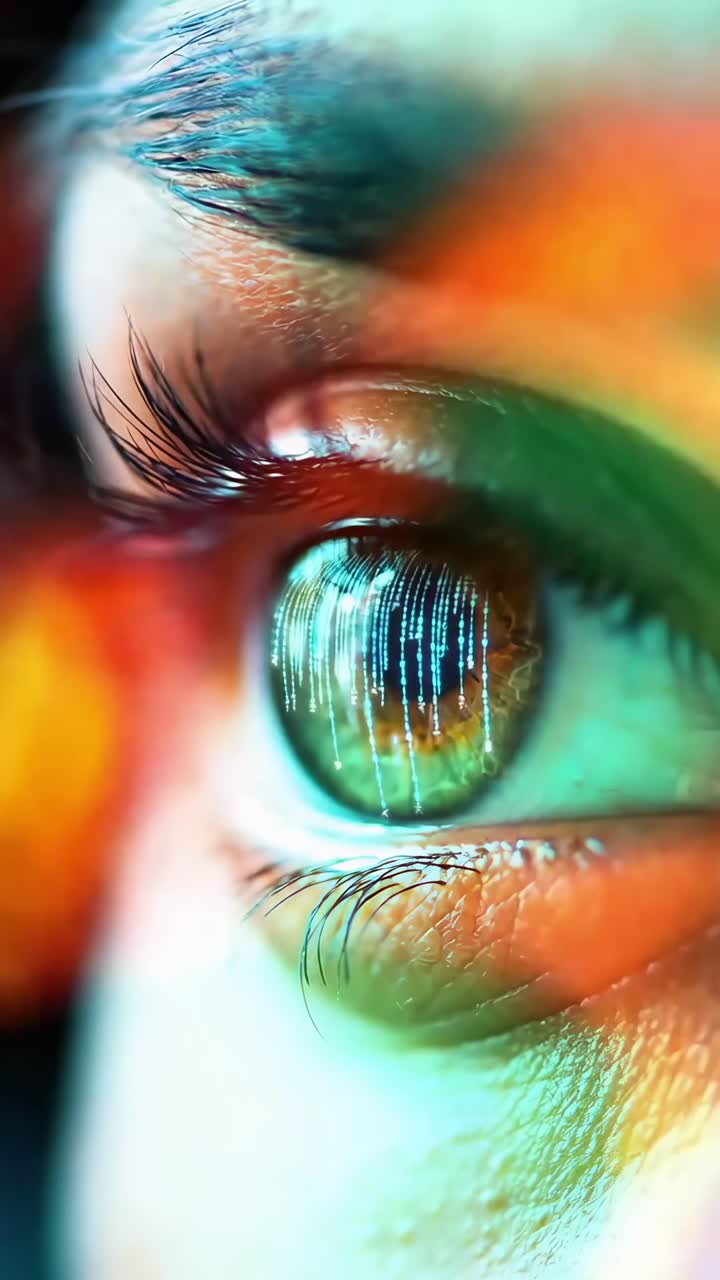 Video ravvicinato di un occhio che riflette la luce, ripreso da un'angolazione laterale per un effetto drammatico.
