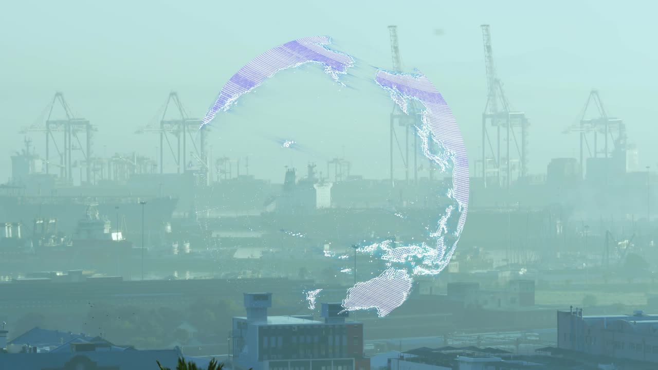 Fragment starting purple holo globe over hazy port, rotating, pulling into ribbons, showing trade