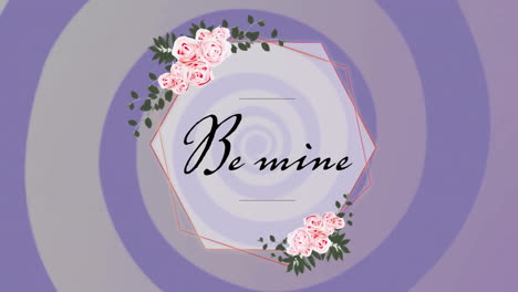 animation von be mine-text in sechseckigen formen mit blumenmustern auf grauen und blauen spiralmustern