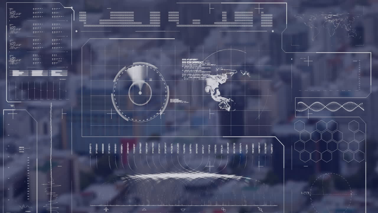 animación de la interfaz con el procesamiento de datos frente a una vista aérea del paisaje urbano