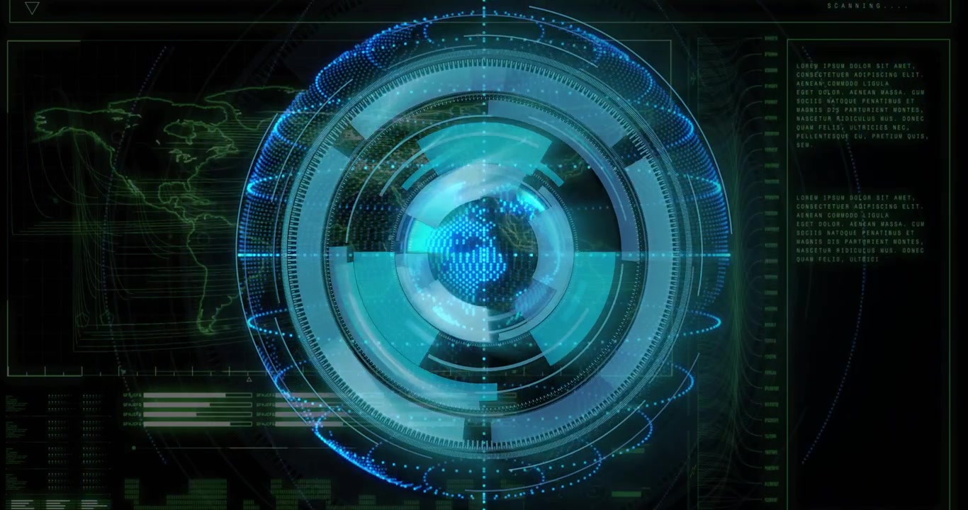 Faint world map and scrolling text starting 3D globe rotating pulsing rings forming scanning HUD