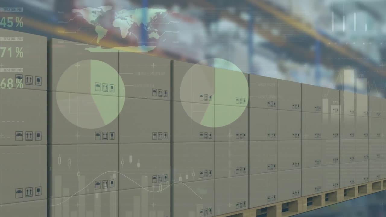 animación del procesamiento de estadísticas sobre cajas de cartón en cinta transportadora