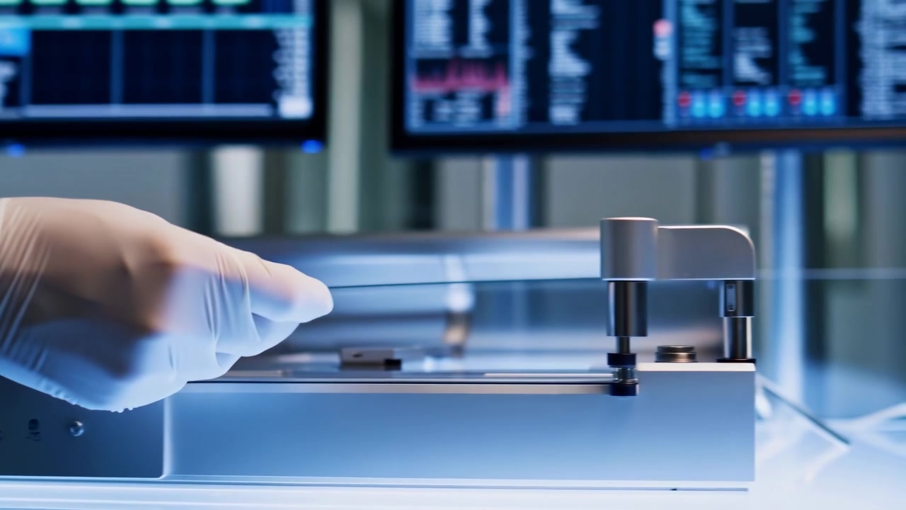 Gloved hand guiding transparent medical sheet across imaging device rail onto illuminated lightbox surface inside clinical laboratory, smooth lateral motion with clear diagnostic setting and sterile
