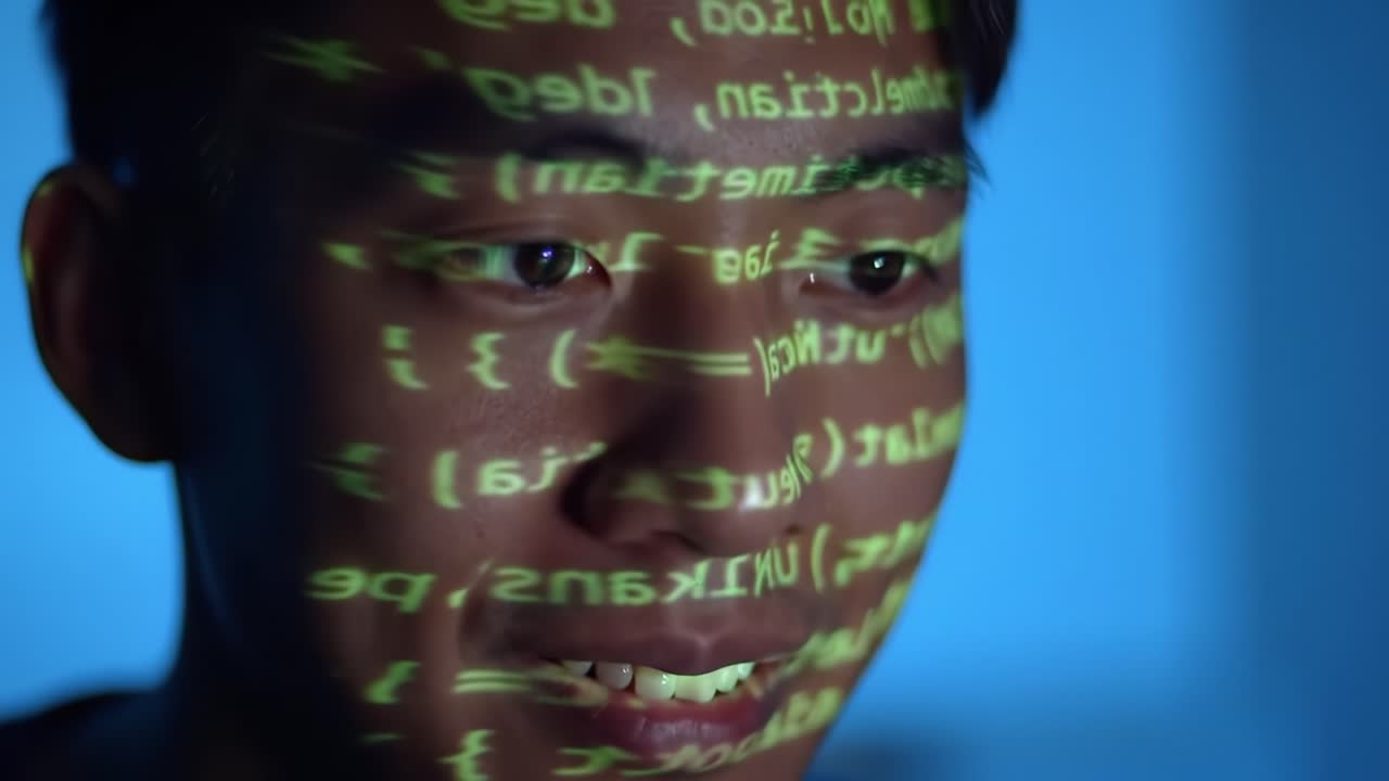 A Close-Up on a Young Man Illuminated by Coding Symbols Projected on His Face, Highlighting the Interplay of Technology and Human Emotion in a Modern Context