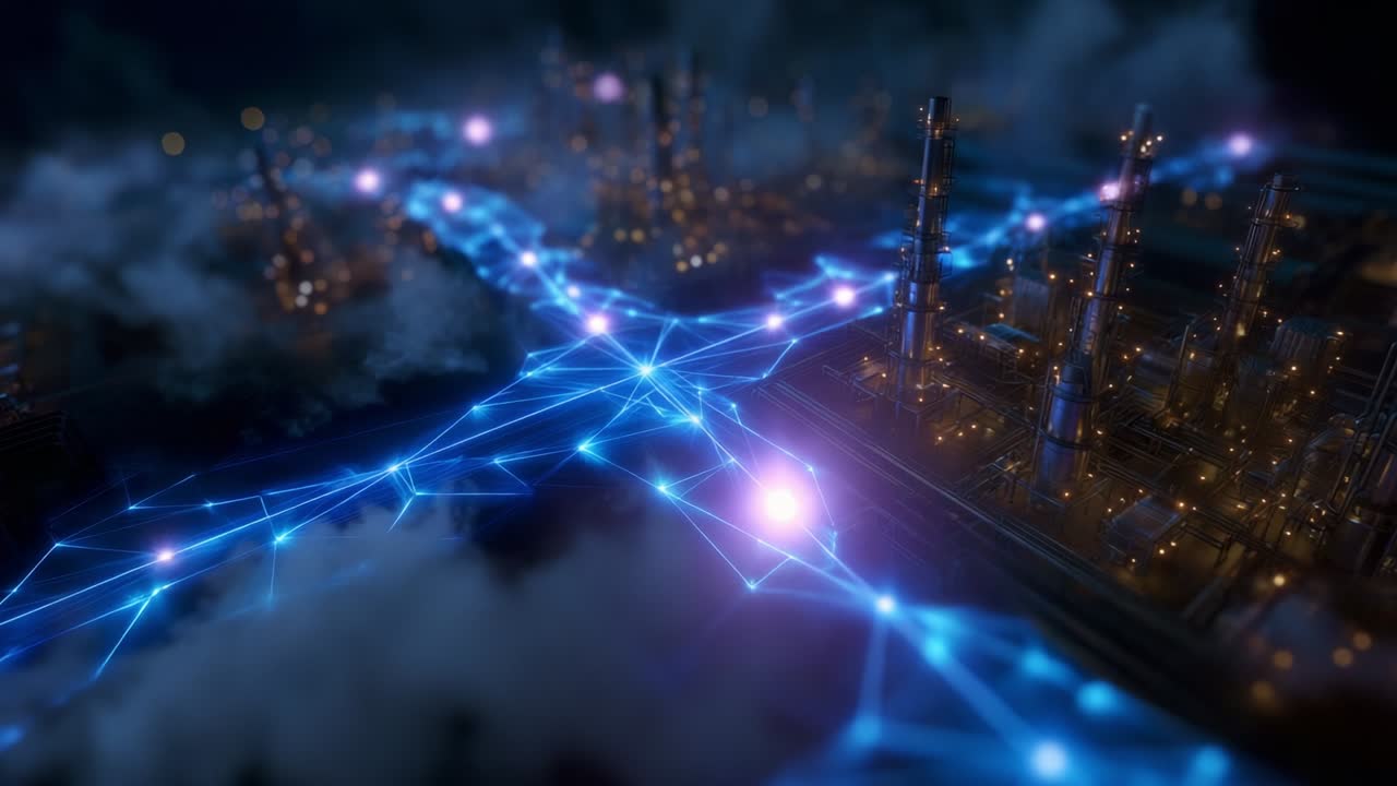 Un’accattivante veduta aerea di un’intricata rete di linee blu luminose che interconnettono strutture industriali, a simboleggiare la fusione tra tecnologia e industria in un dinamico paesaggio futuristico