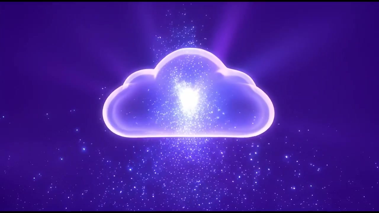 Digital Cloud Icon Filling with Sparkling Data and Light Rays