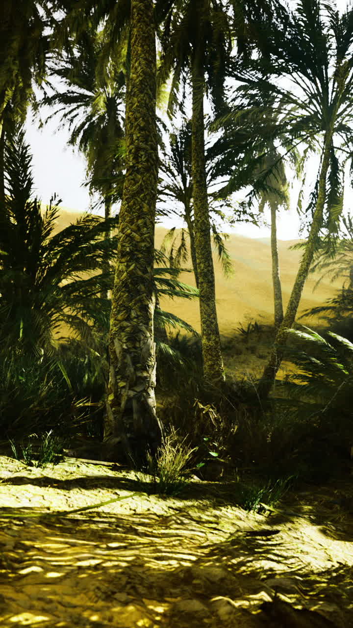 Lush green oasis amidst golden desert sand under a bright sun