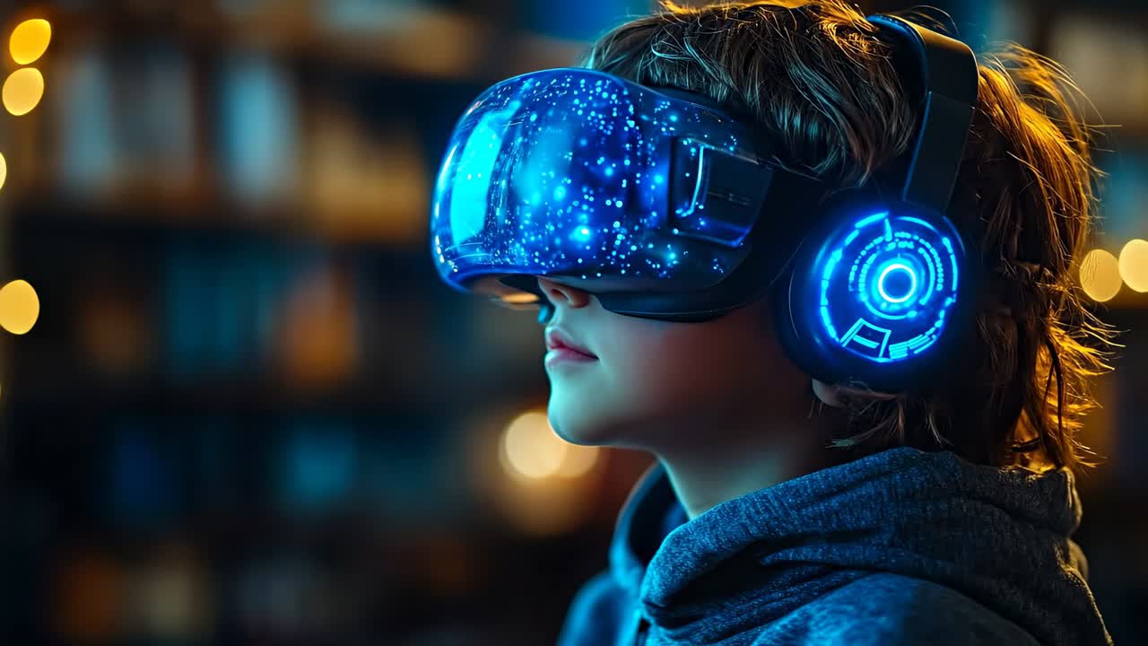 Barn bruger VR-headset derhjemme. Et barn udforsker en digital verden om aftenen iført et VR-headset og hovedtelefoner i stuen.