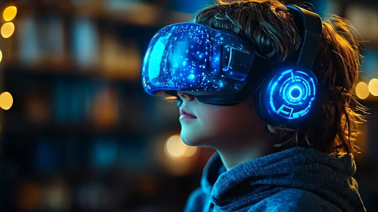 Bambino usa visore VR a casa. Un bambino esplora un mondo digitale di sera, indossando un visore VR e cuffie in salotto.