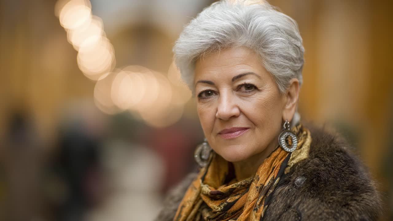 A Confident Woman with Silver Hair and Elegant Accessories Standing in a Warmly Lit Space, Exuding Grace and Charm in a Close-Up Portrait