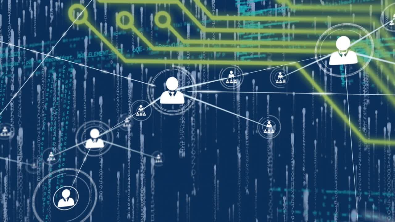 Animation of network of connections with digital icons and data processing
