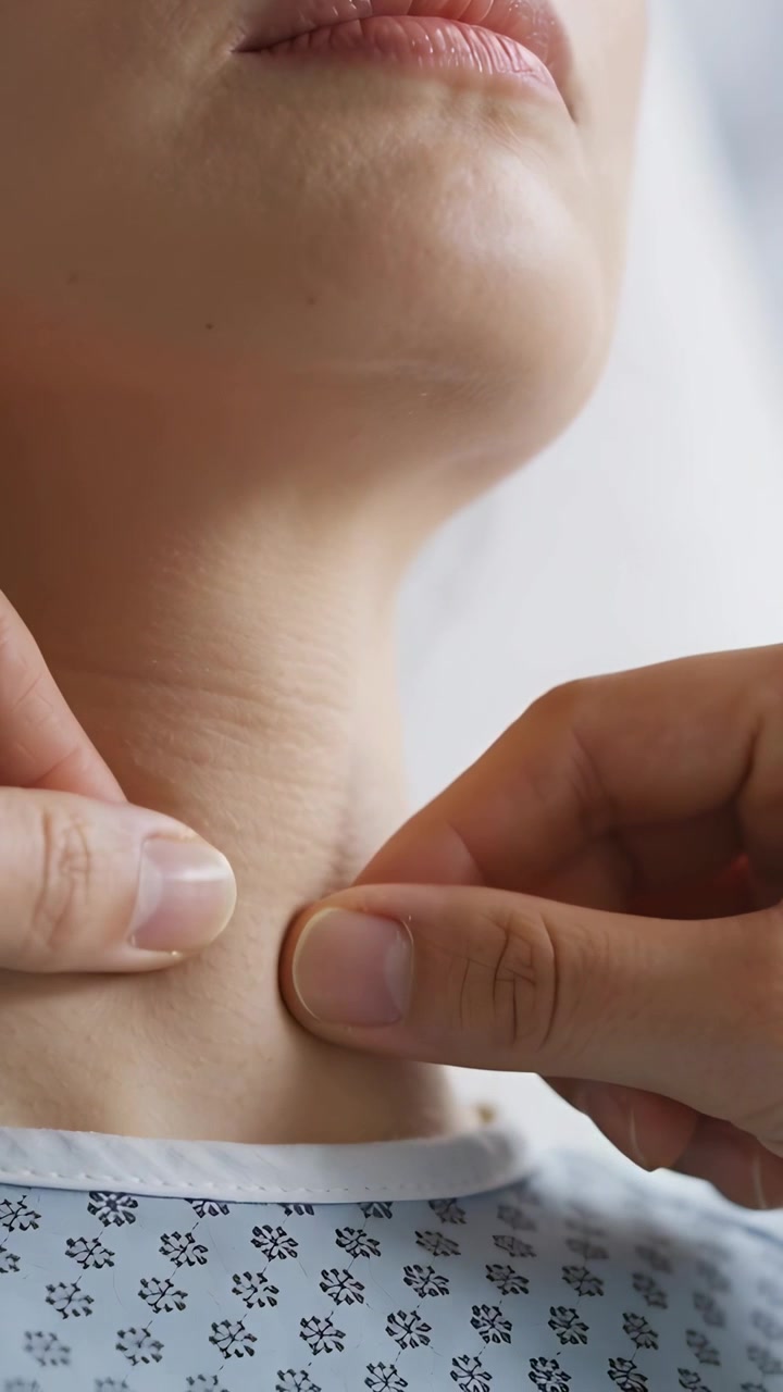 Video verticale: Paziente che solleva il mento, medico che controlla il collo per noduli durante l'esame con i pollici, camice a fantasia.