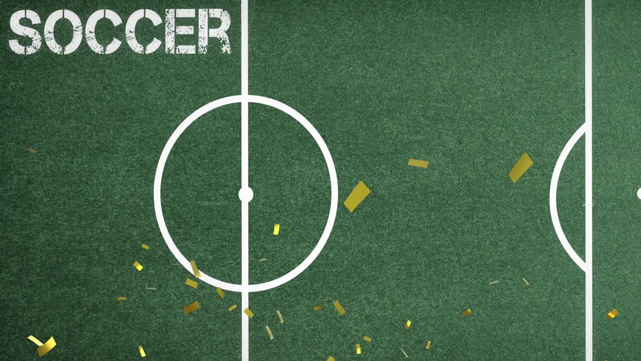 Animation of gold confetti falling over green sports pitch with the word soccer