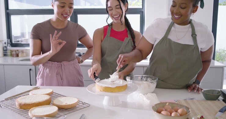 Amigas diversas reagindo ao telefone com ring light, confeitando bolo na ilha da cozinha e filmando a receita.