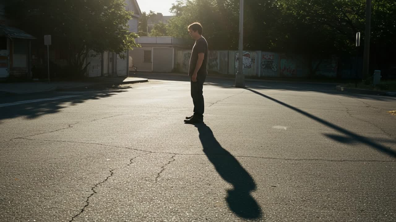 A solitary figure stands on a deserted street, casting a long shadow in the soft light of an evening, creating a poignant moment of stillness and reflection