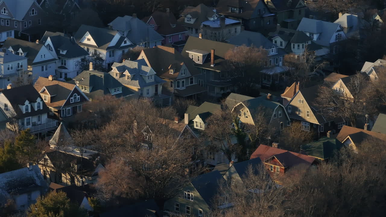 Aerial view of homes in Flatbush, Brooklyn. Shot on a winter day in New York City.