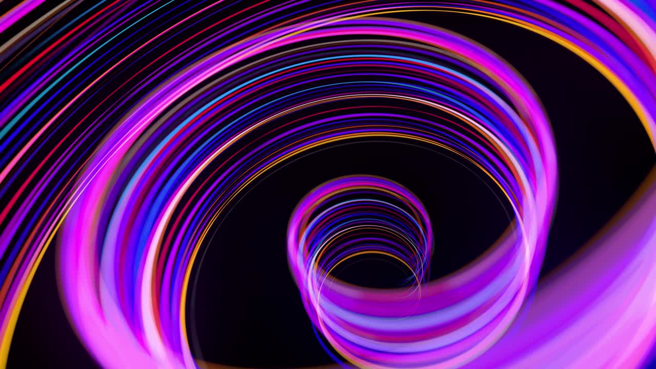 gráficos de movimiento, ciencia ficción bg. flujo de líneas de neón multicolor forman forma de espiral, rizos y patrón. fondo abstracto con senderos de luz, fondo de diseño de movimiento moderno de moda. flujo de luz bg en 4k.