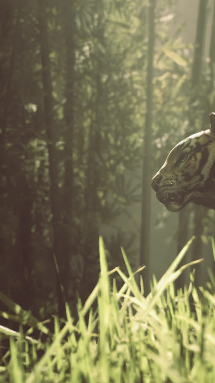 Tigre caminando entre hierba verde en el bosque con la luz de la mañana