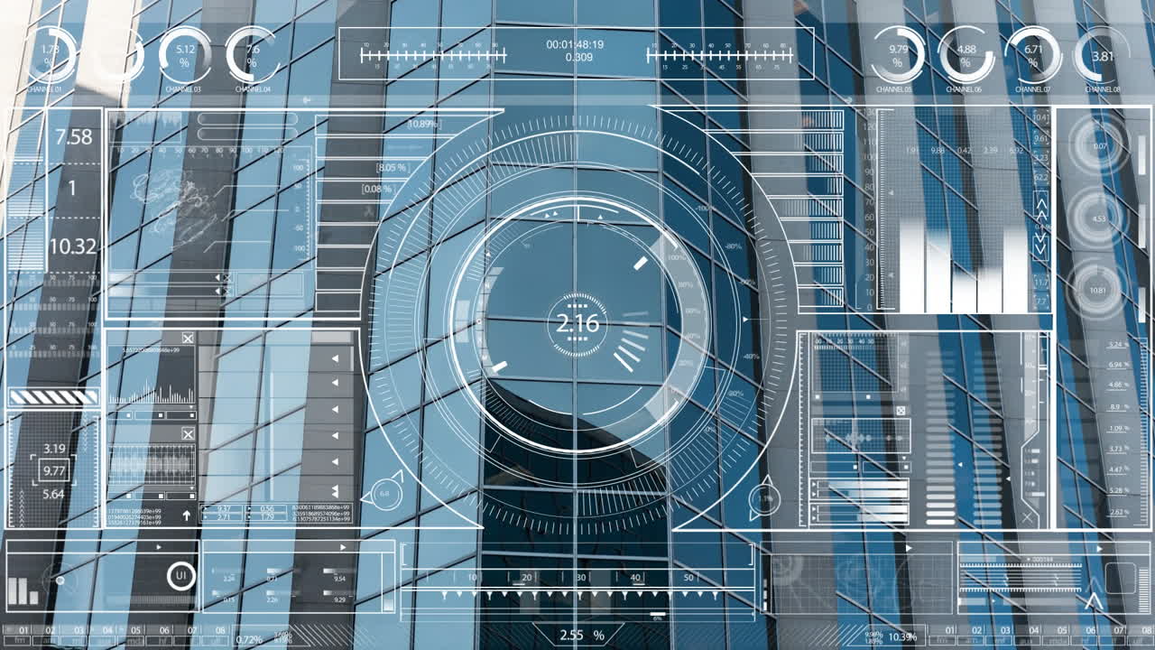 Futuristic data interface animation over modern glass building