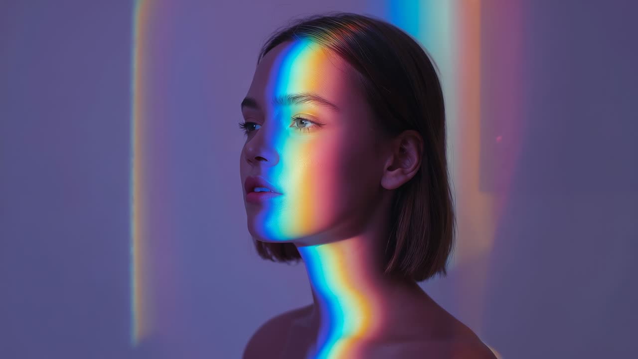 Reacting woman blinking and tilting head to shifting prism light at studio, lavender backdrop