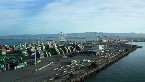 cranes and crates for shipping in the early morning