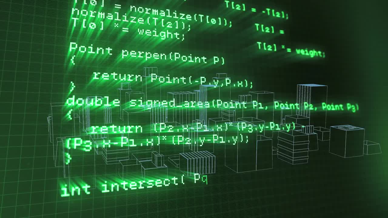 Animation of digital data processing over 3d cityscape spinning