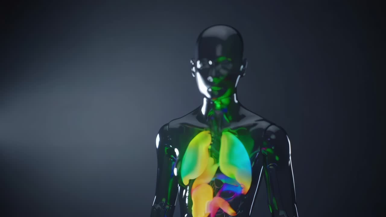 Transparent glass anatomical model revealing multicolored lungs, highlighting intricate respiratory system details for medical visualization and scientific research