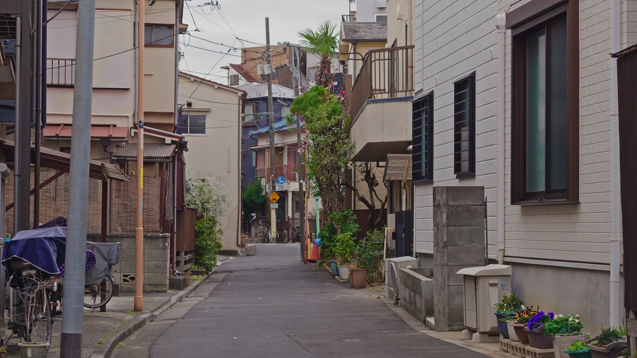 A static shot of a quiet, narrow suburban alleyway in Tokyo featuring residential architecture, utility poles, and greenery under overcast light.
