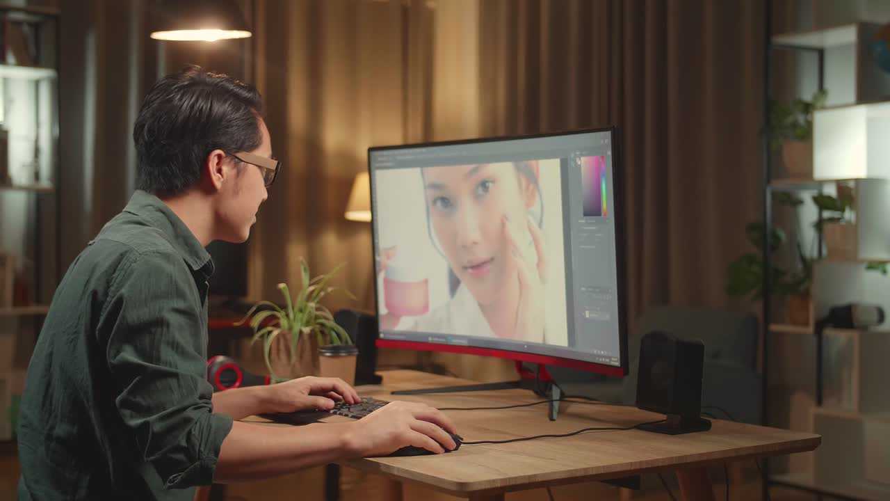 Asian Male Editor Works In Photo Editing Software On His Personal Computer. He Turns And Warmly Smiles Into The Camera, He Works At Night