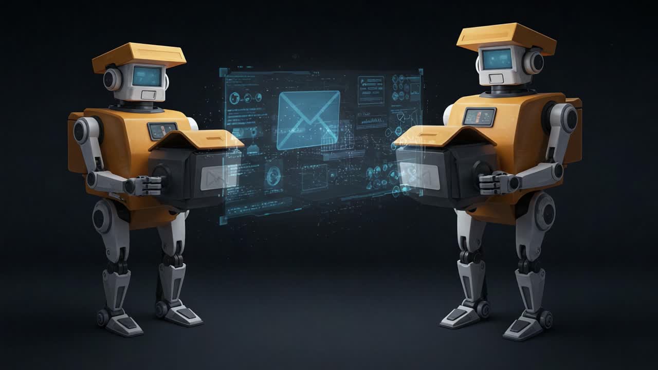 Two Robots Collaborate in a High-Tech Environment, Engaging with Holographic Interfaces and Delivering Packages in a Futuristic Setting