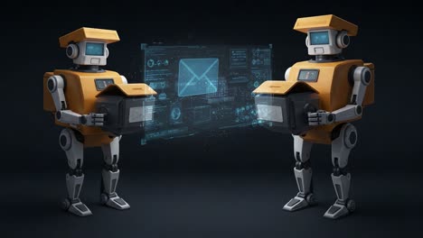 two robots collaborate in a high-tech environment, engaging with holographic interfaces and delivering packages in a futuristic setting