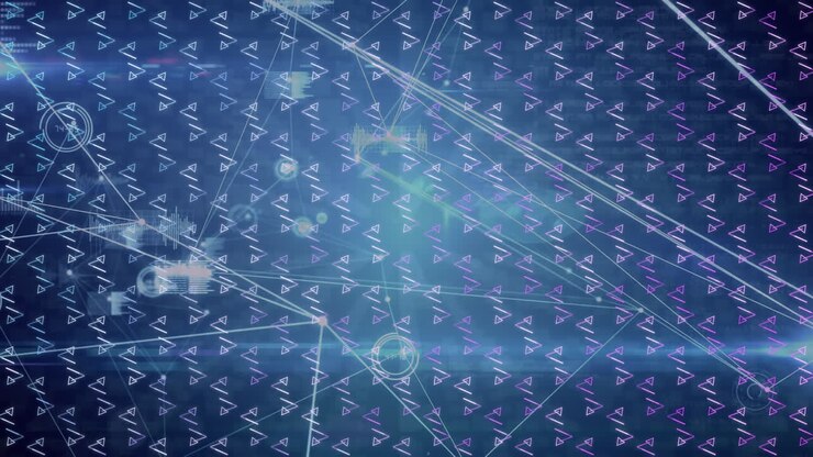 Animation of network of connections with icons over pattern and data processing