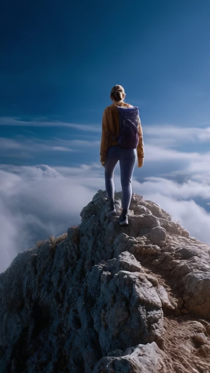 Una giovane donna ammira una maestosa catena montuosa, abbracciando il brivido dell'avventura e della natura da un'alta vetta contro un cielo bellissimo.