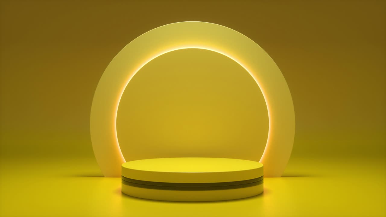podio amarillo con un círculo de neón parpadeante brillante. vitrina futurista con plataforma para la exhibición de productos. escenario vacío con luz eléctrica. composición de formas geométricas. bucle de animación 3d 4k