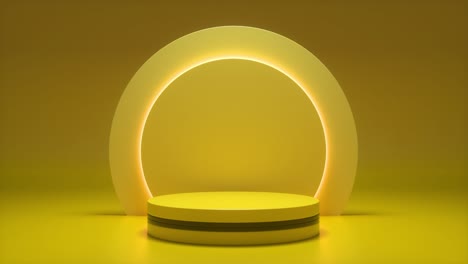 podio amarillo con un círculo de neón parpadeante brillante. vitrina futurista con plataforma para la exhibición de productos. escenario vacío con luz eléctrica. composición de formas geométricas. bucle de animación 3d 4k