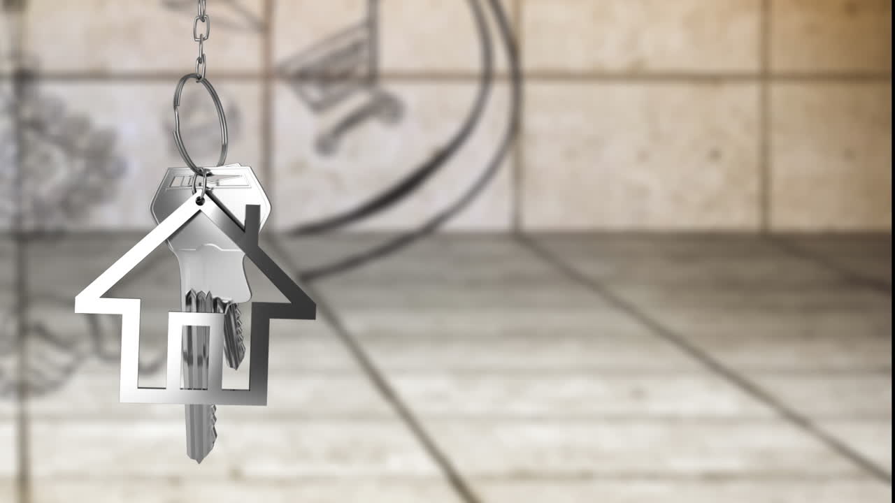 animación de casa de plata y llave sobre habitación vacía