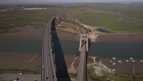 Panoramic-View-Of-Sheppey-Crossing-And-Kingsferry-Bridge-Over-The-Swale-In-Southeast-England